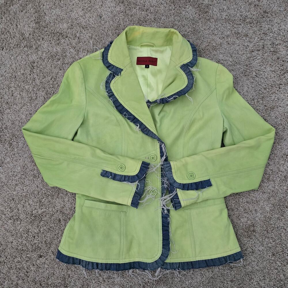 Nicola Berti Italian Leather Jacket Sz M Green Distressed Denim Trim Boho Artsy - Picture 5 of 11